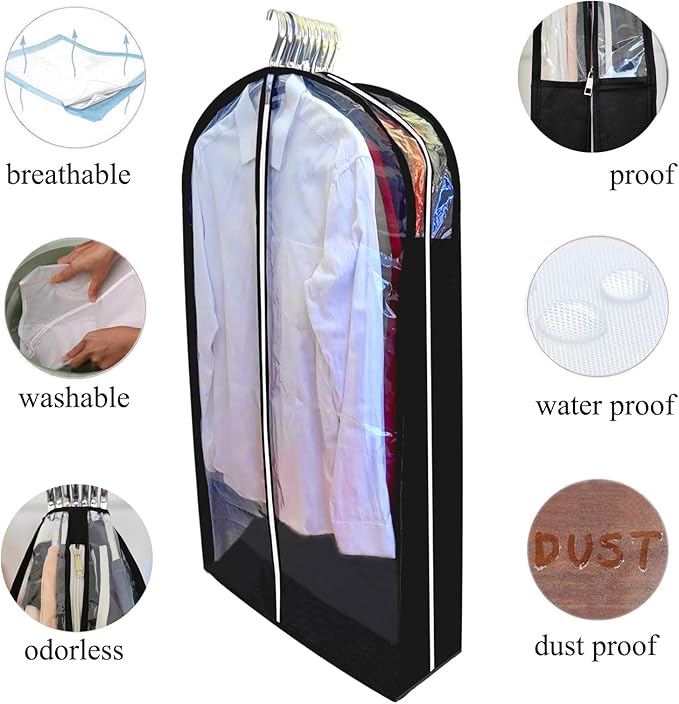 Garment Bags for Hanging Clothes with 6.3" Gusset, 40" Suit Bags for Closet Storage, Clear Dust Proof Suits Covers and Side Zipper Protector for Jacket, Coat, Sweater, Shirts, 3 Packs