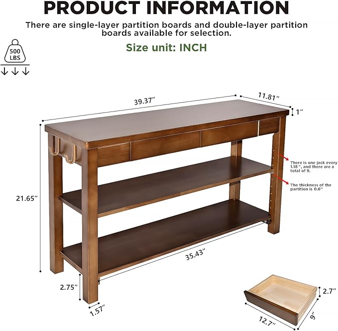 Shoe Storage Bench Wood Entryway: Shoe Rack Bench with Drawer 3-Tiers Height Adjustable,Rustic Wooden Organizer for Front Door Entrance Hallway Living Room,Mudrooms (Walnut 2-Tiers, 39.3")