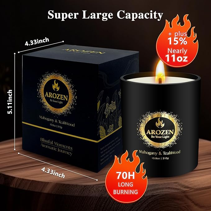 Mahogany Teakwood Scented Candles, Gifts for Men, Father's Day Holiday Masculine Candle Gifts, Black Soy Candles for Home Scented, Extra Large with 70H Long Lasting Burn 10.8oz