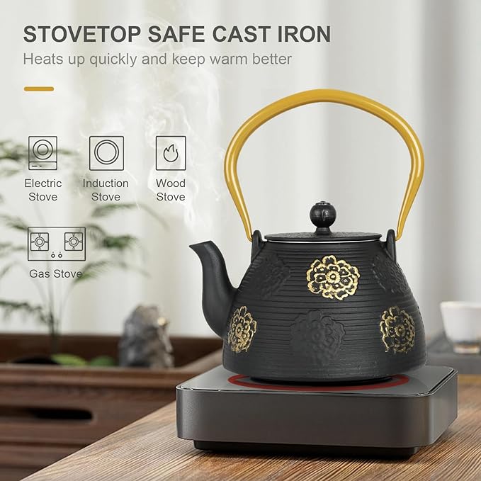 Ufine Cast Iron Teapot with Infuser for Loose Leaf Tea Japanese Style Tea Kettle for Stove Top, Enameled Interior Sakura Design (Black,40oz/1200ml)