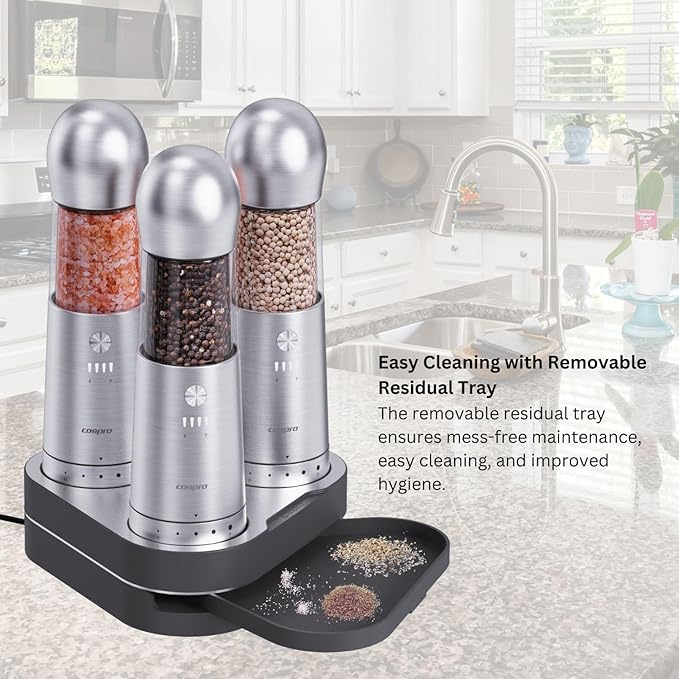 ICE ARMOR Electric Salt and Pepper Grinder, Set of 3 with Wireless Charging Base, Stainless Steel, Rechargeable Automatic Pepper Mill, Adjustable Coarseness, Easy to Use & Clean, Perfect Kitchen Gift
