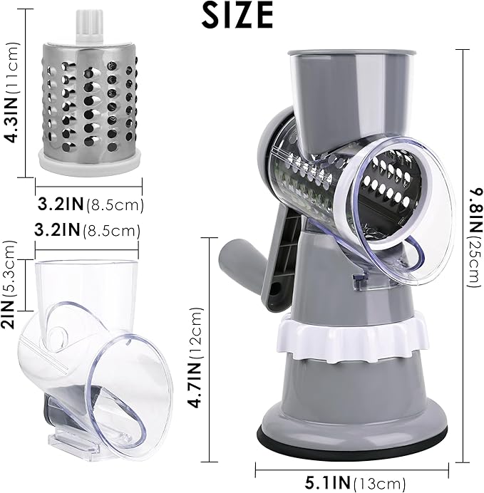 Rotary Cheese Grater Hand Crank with Peeler, Cheese Shredder with 3 Stainless Steel Changeable Blades, Kitchen Food Slicer with Non-Slip Suction Base for Cheese Fruit Vegetables Nuts (Gray)