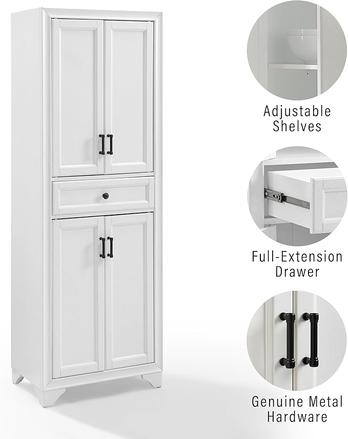 Crosley Furniture Tara Pantry Storage Cabinet with Shelves, Kitchen, Dining, or Laundry Room, Distressed White