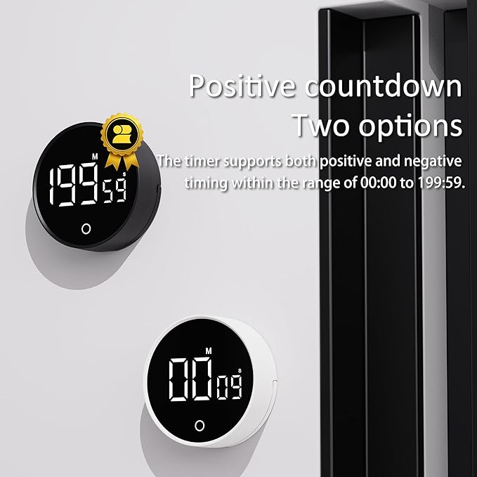 Digital Kitchen Timer, Rechargeable Magnetic Visual Timer with Large LED Display, Adjustable Volume for Classroom, Cooking, Fitness, Baking, Kids Learning & Teaching (1, White)