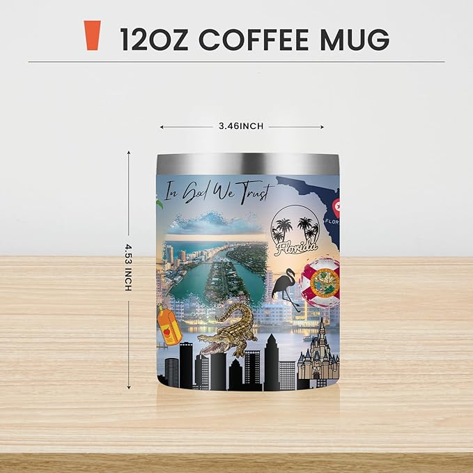 12oz Coffee Mug Florida State Insulated Coffee Cups, United States Map Travel Mug Landmark, Birthday Gifts Cute Mugs with Lid and Straw Mothers Day Gifts