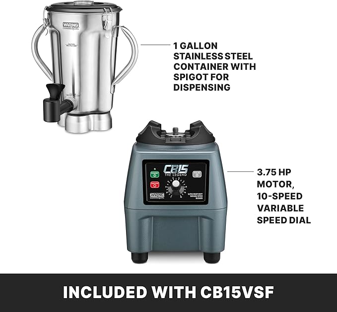 Waring 1-Gallon Blender, 3.75 HP, Variable Speed, Stainless Steel Jar with Spigot & Handles, Commercial for Smoothies, Soups & Sauces – CB15VSF