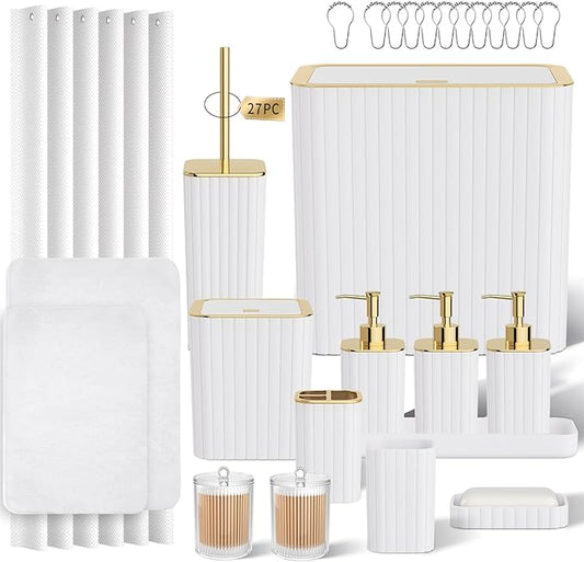 Bathroom Accessory Set - Bathroom Set, 27PC Bathroom Accessories Set, White Bathroom Sets with Shower Curtain and Rugs, Mini Trash Can, Toilet Brush, Trash Can & Soap Dispenser