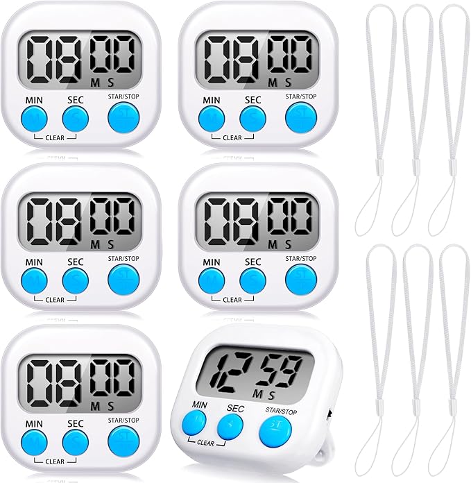 6 Pack Small Digital Timer Back to School for Cooking with 6 Pieces Lanyard Magnetic Back and On/Off Switch Second Minute Count up Countdown for Kitchen