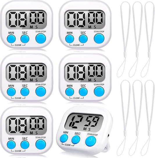 6 Pack Small Digital Timer Back to School for Cooking with 6 Pieces Lanyard Magnetic Back and On/Off Switch Second Minute Count up Countdown for Kitchen