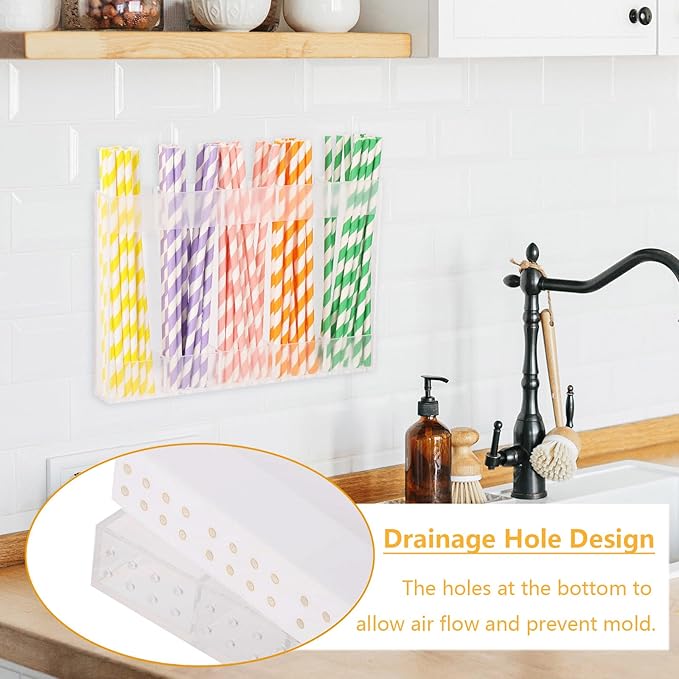 2 Pcs Straw Holder for Cabinet Door, 9.5 Inch Acrylic Straw Organizer with 8 Pcs Adhesive Stickers and 20 Pcs Labels, Reusable Kitchen Utensil Storage