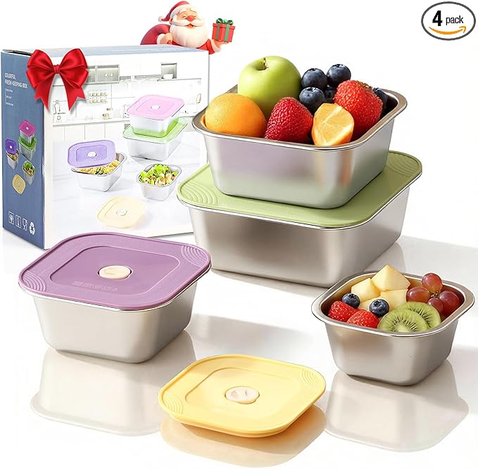 4-Piece Stainless Steel Snack & Lunch Containers with Lids Set, Stackable Metal Food Storage Containers with Lids, Airtight Leakproof Lunch Bento Box, Dishwasher Safe (Size 4.5", 5.5", 6.3", 7")