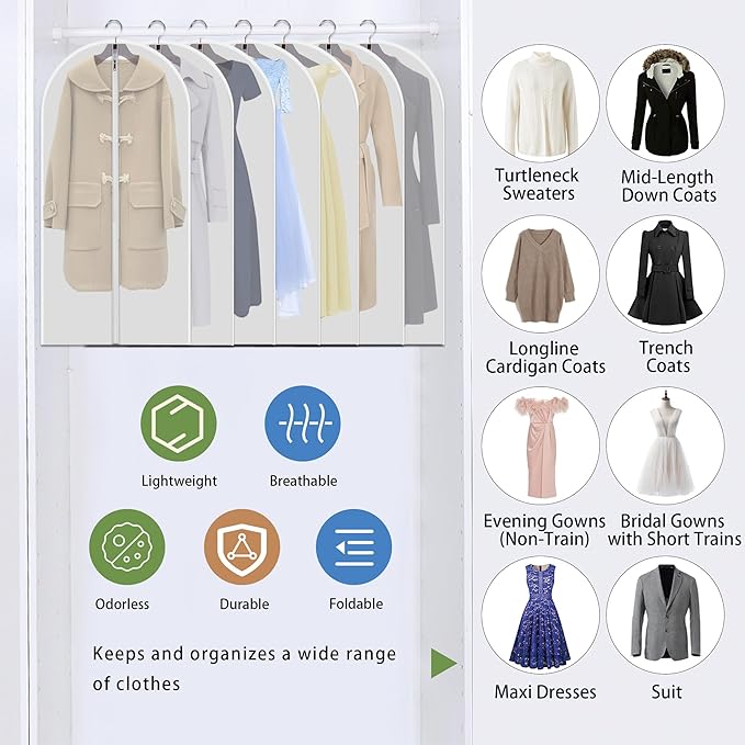 12-Pack Clear Garment Bags 48" - Dustproof Clothes Storage Covers with Full Zipper | Extra Long Hanging Organizers for Suits, Dresses, Seasonal Wardrobe & Travel Protection