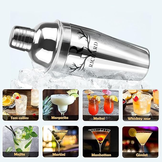 Personalized Cocktail Shaker 24oz - Custom Stainless Steel Bar Kit with Engraved Name, Built-in Strainer & Measuring Jigger & Spoon, Gift for Bartenders & Cocktail Lovers (Antler Design)