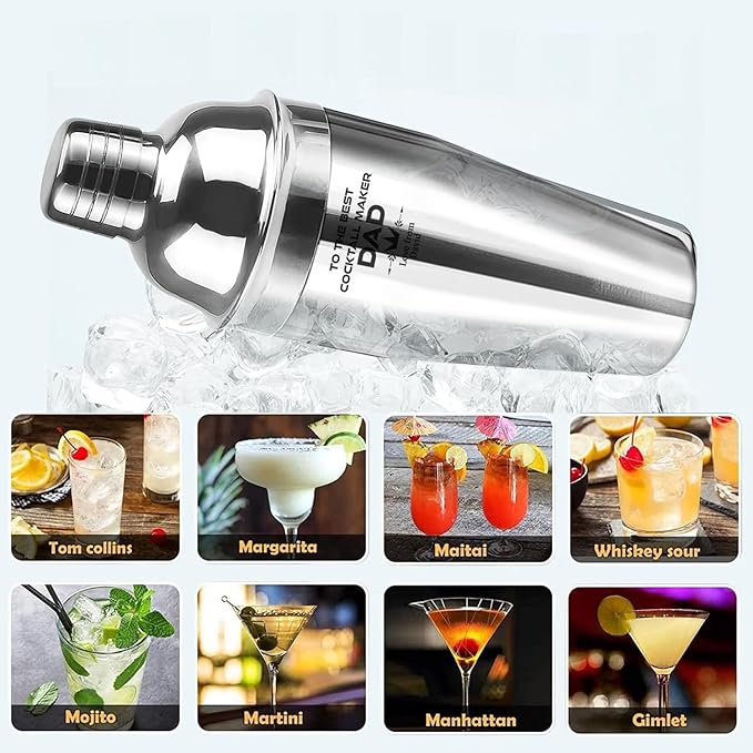 Custom Cocktail Shaker Bar Set 24oz - Custom Professional Stainless Steel Martini Mixer with Built-in Strainer, Measuring Jigger & Spoon - Engraved Drink Shaker Kit for Bartenders & Home Bars - Crown