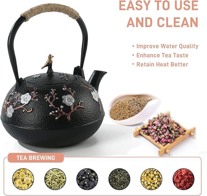 Tea Set Tea Kettle Japanese Style Beautiful Black Cast Iron Teapot Set with 4 Cups,4 Cup Mats,1 Trivet and 1 Lid Holder,40.6oz Teapot with Infuser for Stove Top Safe