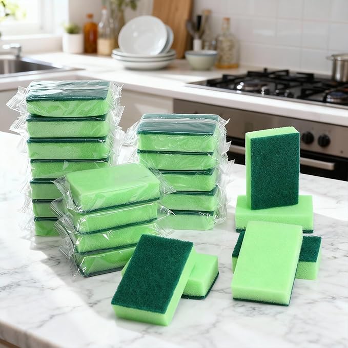 Tioncy 100 Pcs Individually Wrapped Sponges Kitchen Green Bulk Dish Non Scratch Scrub Sponges Dual Sided Cleaning Dish Scrubber for Washing Dishes, Pots, Pans, Sinks, Stoves, Appliances, Car, Bike