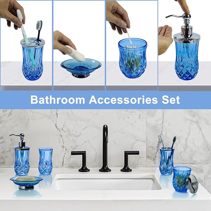 Bathroom Accessories Set,5 Pcs Blue Glass Bathroom Accessory Set,Complete Lotion Soap Dispenser,Toothbrush Holder,Soap Dish,Tumbler & Jar,Modern Bathroom Decor Sets,Gift for Home Apartment,Round