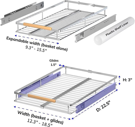 Pull Out Drawer Cabinet Organizer, Expandable Slide Out Storage Shelves - Heavy Duty, Durable and Smooth Slide-Out, 12.3"~18.3" Wide x 22.5" Deep, 2 Pack
