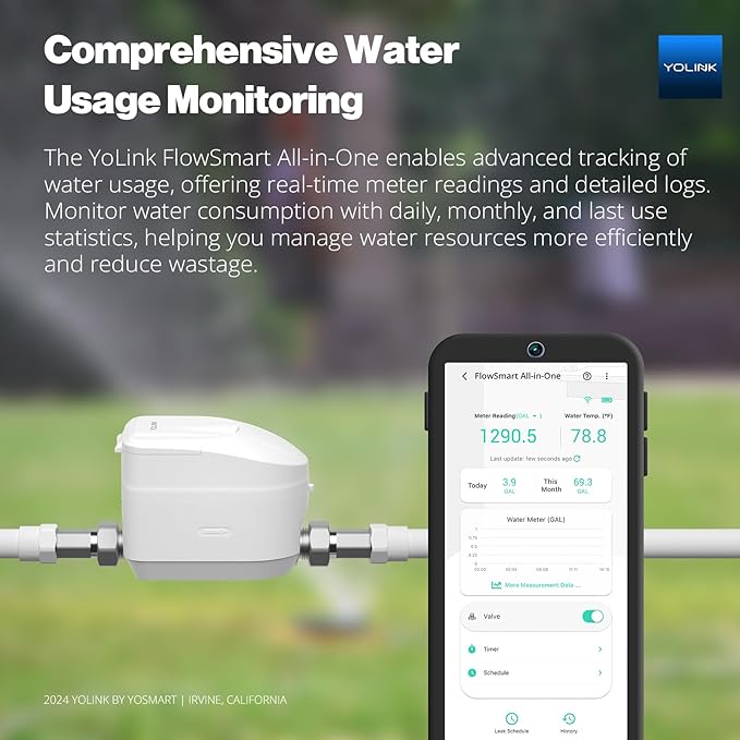YoLink FlowSmart All-in-One Smart Water Management System: 3/4" Ultrasonic Water Meter with Automated Valve Control, Real-Time Leak Detection, App-Enabled, 10-Year Battery Life, Include YoLink Hub