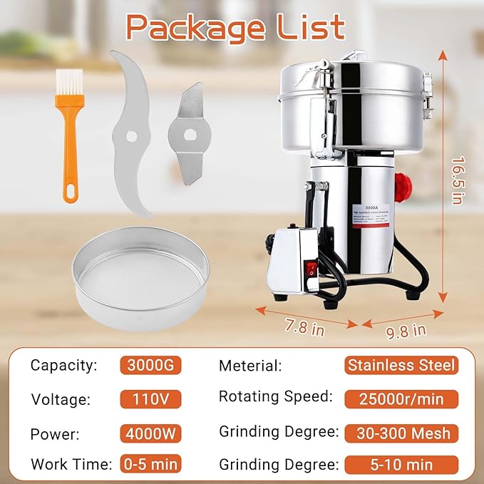 Electric Grain Mill Grinder 3000g Stainless Steel Pulverizer 36000r/min High-speed Grain Mill 4000W Dry Material Grinding Machine 270° swingable Superfine powder for Home and Commercial