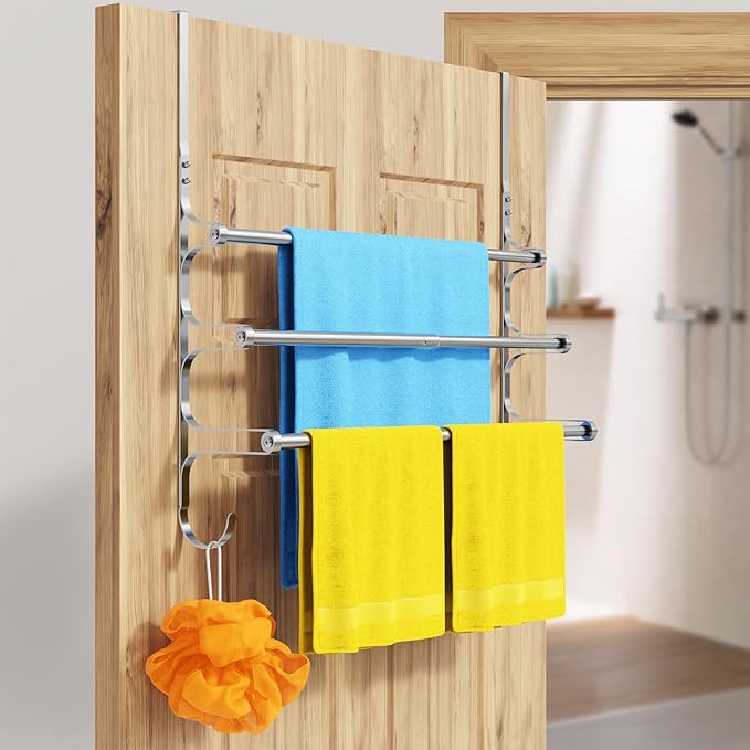 Over The Door Towel Rack, Over Door Towel Rack for Bathroom Door, Triple Towel Storage Holder with Hooks (Silver Gray, 17.32" L)