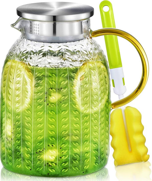 Aofmee 60oz Glass Pitcher, Water Pitcher with Lid, Iced Juice Jugs for Fridge, Glass Carafe for Cold or Hot Beverages, Sun Tea Jar, Easy Clean Heat Resistant Jug for Milk