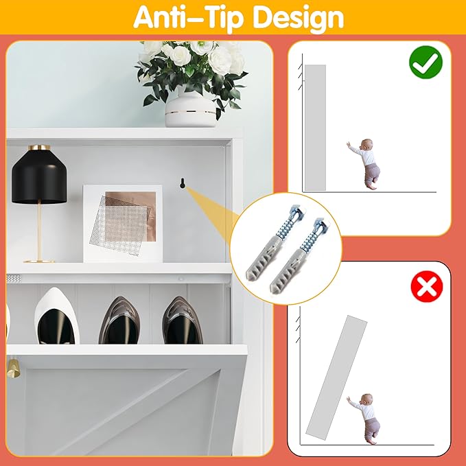 Shoe Cabinet with 2 Flip Drawers, Narrow Shoe Storage Cabinet, Farmhouse Shoe Organizer, Freestanding Organizer with Metal Legs for Entryway, Foyer (2 Door, White)