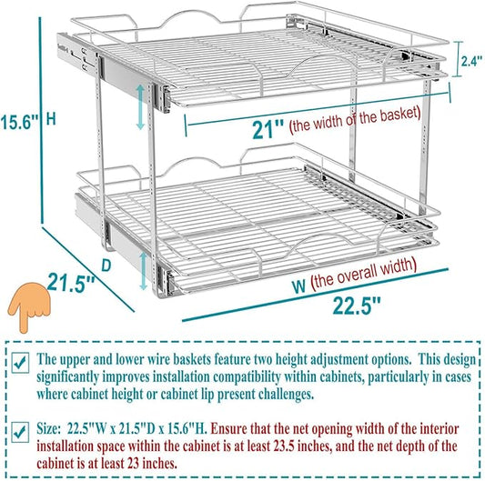 OCG 2 Tier Pull Out Cabinet Organizer (22.5" W x 21.5" D), Pull Out Drawers for Kitchen Cabinets, Pull Out Shelves for Base Cabinet Organization in Kitchen Bathroom Pantry, Chrome Finish