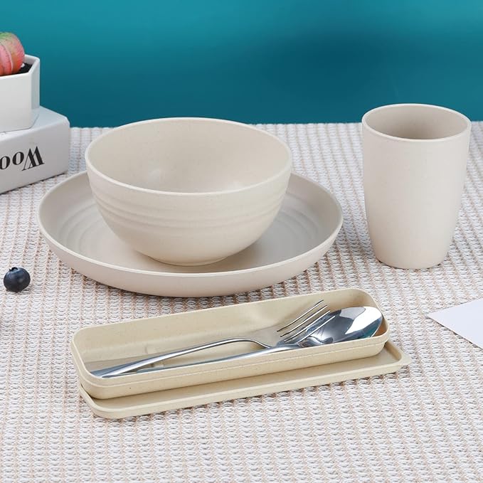 28PCS Kitchen Wheat Streaw Dinnerware Sets for 4, Wheat Straw Plates and Bowls Sets, College Dorm Kitchen Dinnerware Dishes Set Cutlery Set (Beige)