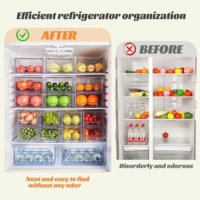2 Pack Clear Stackable Refrigerator Organizers and Storage Drawers - Pull-Out Fridge Bins with Anti-Slip Base & Easy Clean, Plastic Organizers for Kitchen Pantry Cabinet Closet (Large)