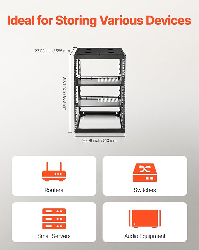 VEVOR 16U Open Frame Server Rack & Network Rack, Wall Mounted or Floor Standing, Heavy Duty 4 Post, with 2PCS Vented 1U Shelves & Mounting Hardware, Holds All 19'' Networking IT Equipment AV Gear