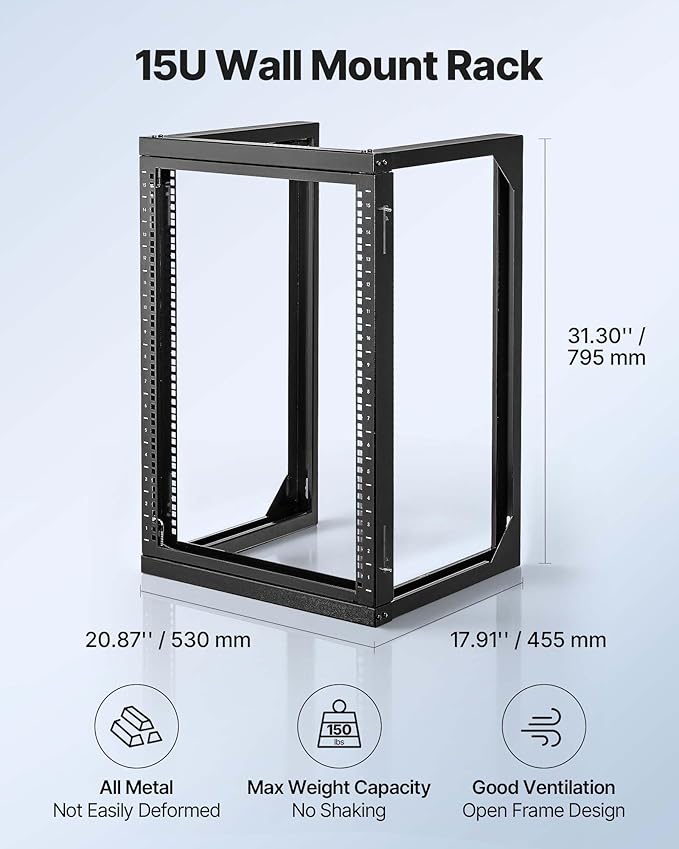 VEVOR 15U Open Frame Server Rack, Free Standing or Wall Mount Rack with 180 Degrees Gate Swing, Network Rack for 19" IT Equipment & A/V Devices