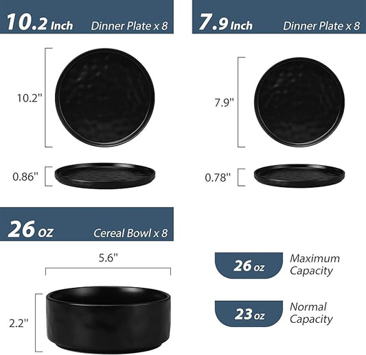 LIANYU Stoneware Dinnerware Dishes Sets for 8, 24 Piece Plates and Bowls Dishware Set, Ceramic Dinning Ware Includes Dinner Salad Plates, Cereal Bowls, Chip & Scratch Resistant, Obsidian Matte Black
