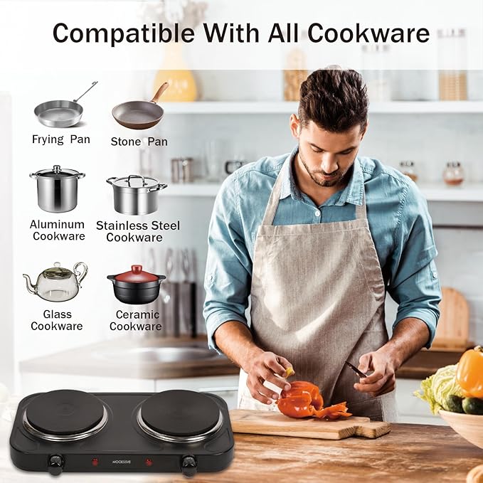 Countertop Double Cast Iron Burner 1800 Watts Electric Hot Plate with Adjustable Temperature 6.1" Cooktop for Dorm, Office, Home, Camp, Compatible for All Cookwares