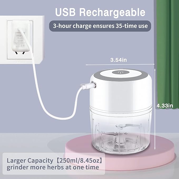 Electric Herb Grinder, 3.5 Inch Large Grinders for Grinding Dry Fresh Herbs and Spice with Clear Chamber, Portable USB Charge Herb Grinder, Including Clean Brush and Tweezers, Gift Box, White
