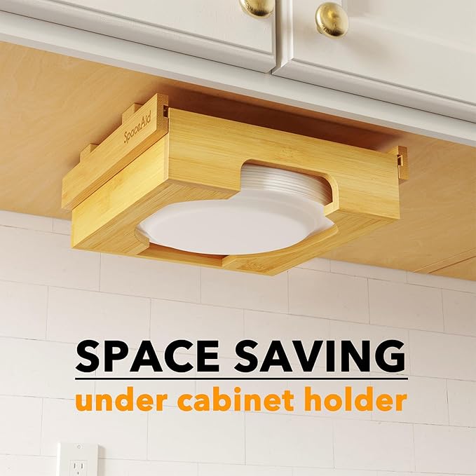 SpaceAid 9-inch Paper Plate Dispenser, Under Cabinet Bamboo Plates Holder, Kitchen Counter Vertical Dipensers Holders Countertop Caddy, Bamboo