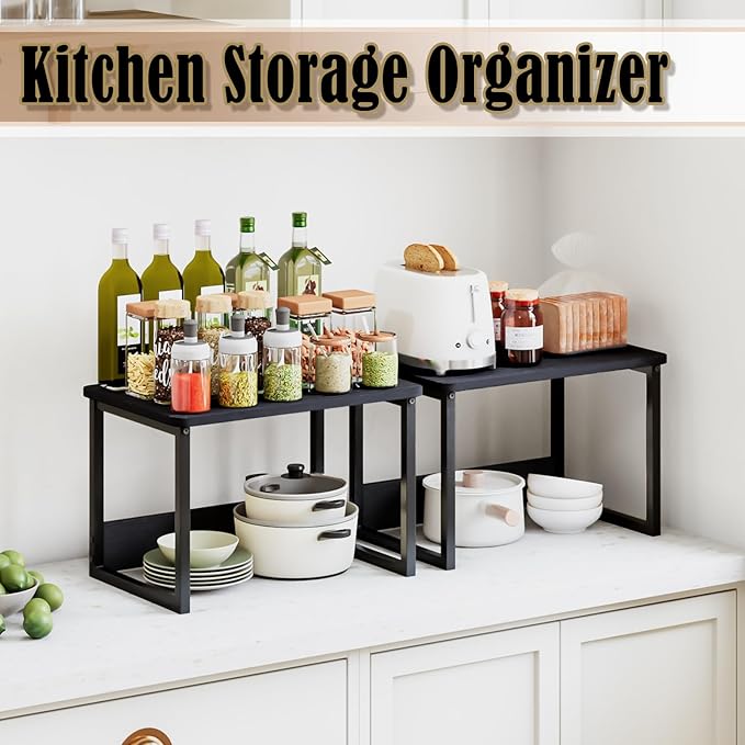 MARTY Kitchen Countertop Organizer Cabinet Shelf, 17x12.4 Large Spice Racks Counter Shelf Microwave Oven Rack Desktop Storage Organization for Kitchen, Office, Metal & Wood, Black