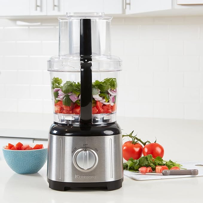 Kenmore 11 Cup Food Processor - Vegetable & Fruit Salad Cutter, Multifunctional, 500 W, Chopper, Slicer, Mincer, Puree, Grater, Blades, Shredder, Compact Stainless Steel Kitchen Appliances, Black