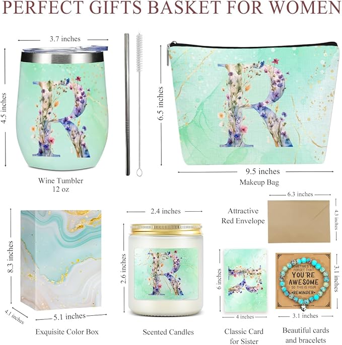 Personalized Gifts Monogrammed Birthday Gifts for Women, Mommy, Female Going Away Farewell Christmas, Initial Wine Tumbler Makeup Bag Scented Candle Bracelet Set, (Aesthetic Green Flower R) 1