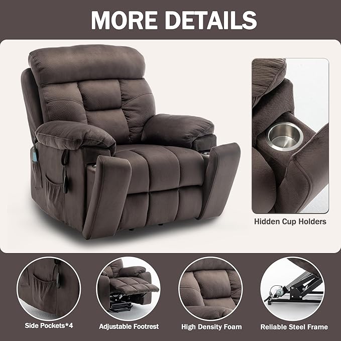 Oversized Power Recliner Chair with Massage Heat for Elderly Lift Chair, Infinite Position, Velvet Electric Recliner with Cup Holders, Side Pockets