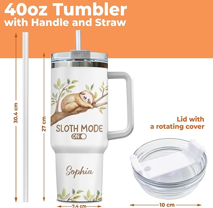 Personalized Sloth Tumbler 40oz with Handle & Straw - Lazy Themed & Funny Saying Tumbler - Cute Valentine Mother Father's Day Birthday Gifts - Custom Name Stainless Steel Travel Coffee Cup
