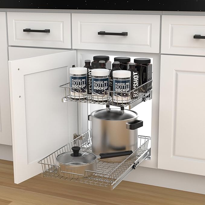 2 Tier Individual Pull Out Cabinet Organizer 11"W x 21" D, Pull Out Shelves Slide Out Kitchen Storage Sliding Shelvesfor Organization in Kitchen, Chrome