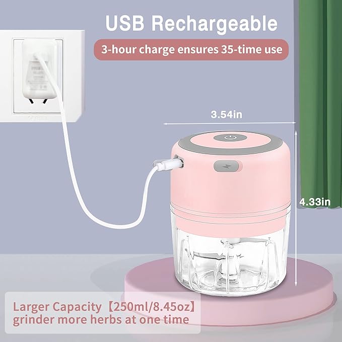 Electric Herb Grinder - 3.5 Inch Large Grinders for Grinding Dry Fresh Herbs and Spice with Clear Chamber, Portable USB Charge Herb Grinder, Including Clean Brush and Tweezers, Gift Box, Pink