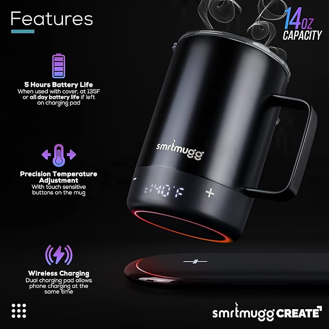 Create Heated Coffee Mug, Large 14 OZ, 5 Hour Battery Life, Precision Temperature Adjustment, Battery Powered Heated Coffee Mug Warmer, w/Dual Wireless Charging Pad Phone Charger (Black)