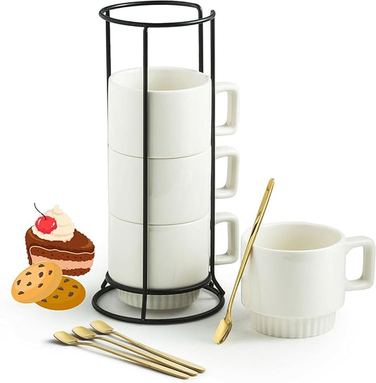 Coffee Mugs Set of 4, Stackable Coffee Cups with Holder Spoons 11oz Ceramic Espresso Cup for Cappuccino Latte Tea Drinks, Dishwasher & Microwave Safe, White