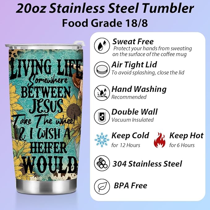 Cow Print Stuff Tumbler, Inspirational Western Decor Sunflower Gifts for Women Men Friends Cow Lovers Birthday Christmas, Christian Coffee Mug Stainless Steel Vacuum Insulated Travel Cup with Lid 20oz