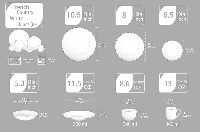 56pc Dinnerware Set, Plate and Bowl Set, Stoneware Dishes Set for 8, Microwave and Dishwahser Safe, Scratch Resistant, French Countryside Speckled Antique White