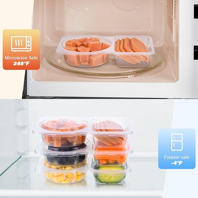 Double Compartment Snack Containers with Lids, 2 Compartment Condiment Container, Plastic Disposable Snack Pack Containers for Sauce, Salad, Food Storage Box (20, Clear, Small)
