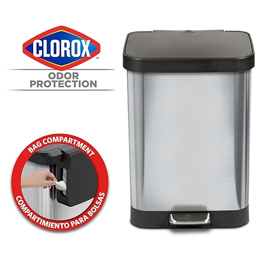 Glad GLD-74506 Stainless Steel Step Trash Can with Clorox Odor Protection | Large Metal Kitchen Garbage Bin with Soft Close Lid, Foot Pedal and Waste Bag Roll Holder, 13 Gallon, Stainless