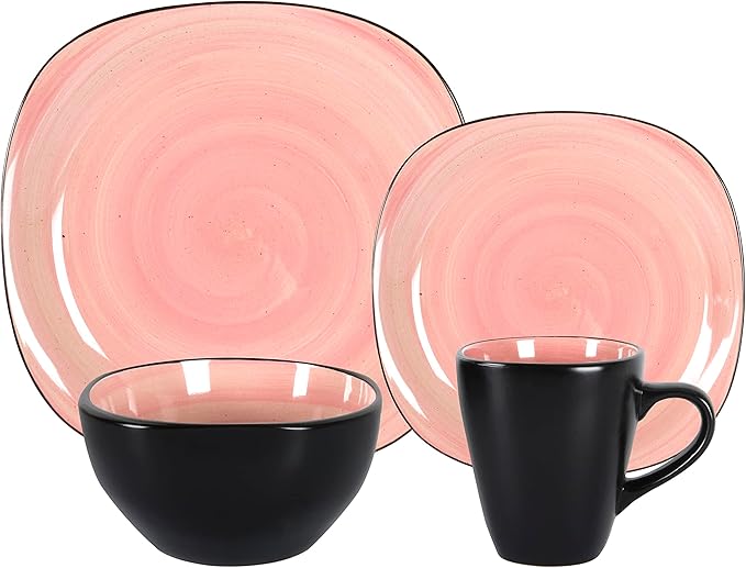 Stoneware Square 16pc Dinnerware Set, Inside Spinwaseh Swirl Rose + Outside Black